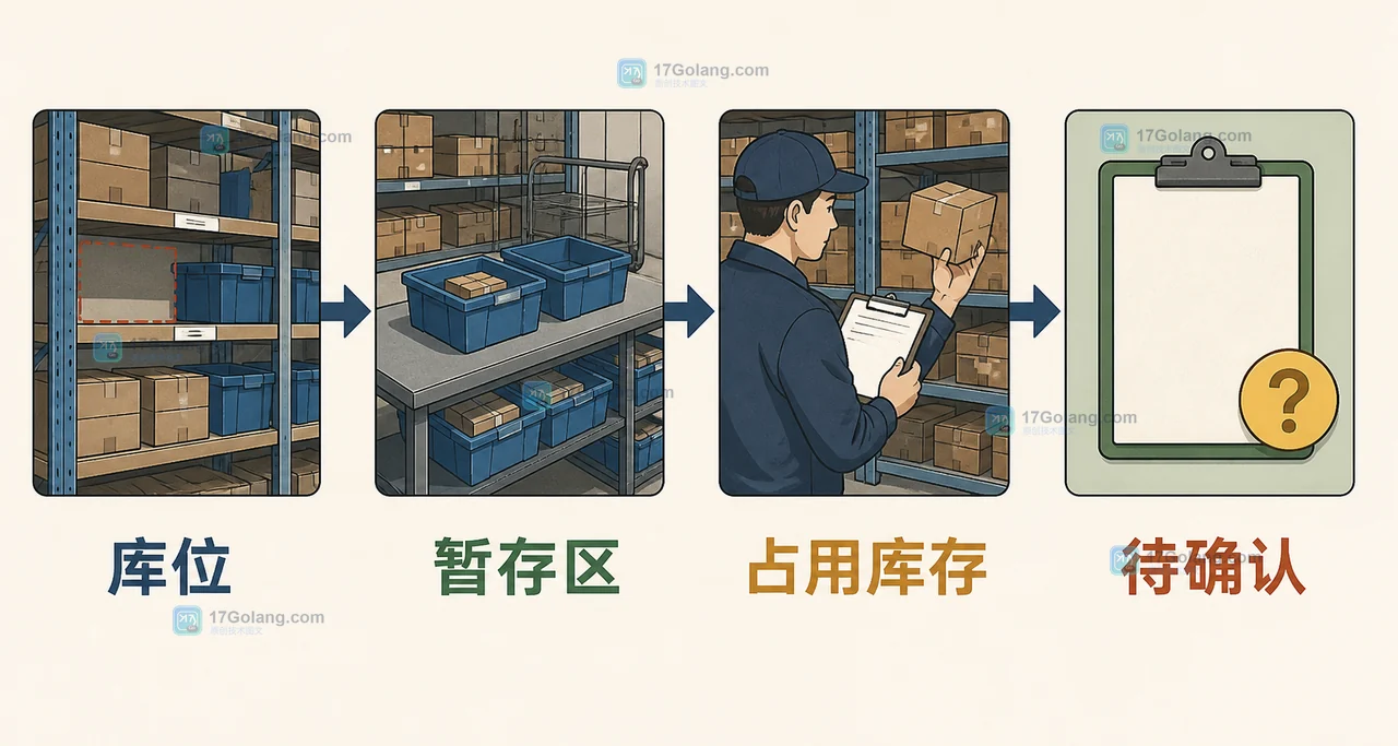 电商仓库拣货后发现缺货时,订单行从待确认到库存复核的因果流程插画