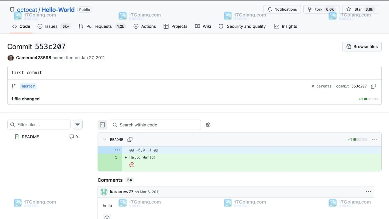 GitHub 单次提交详情页中的 README 文件增删差异截图