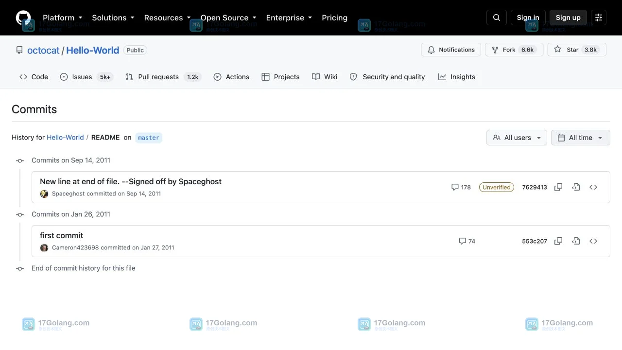 GitHub README 文件历史提交列表截图