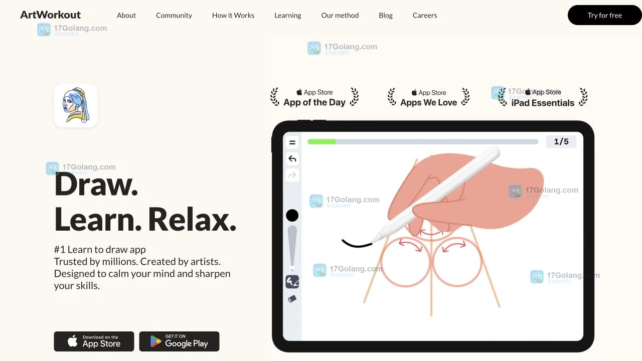 ArtWorkout 官方首页展示 Draw Learn Relax 绘画训练定位