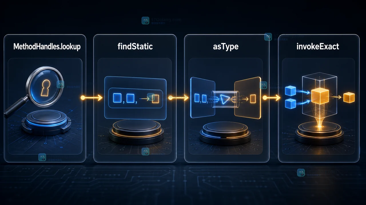MethodHandles.lookup 查找静态方法后经 asType 适配并由 invokeExact 调用的链路示意图