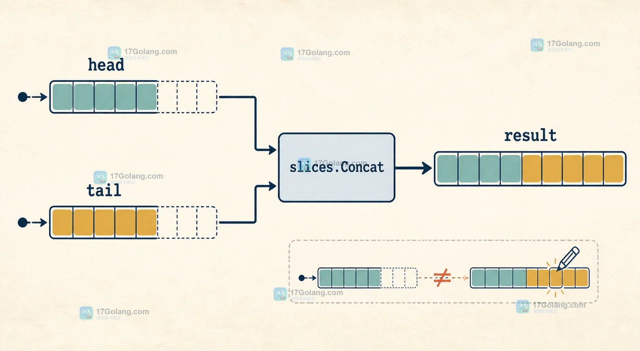 head、tail 经过 slices.Concat 生成独立 result 的数据流示意图