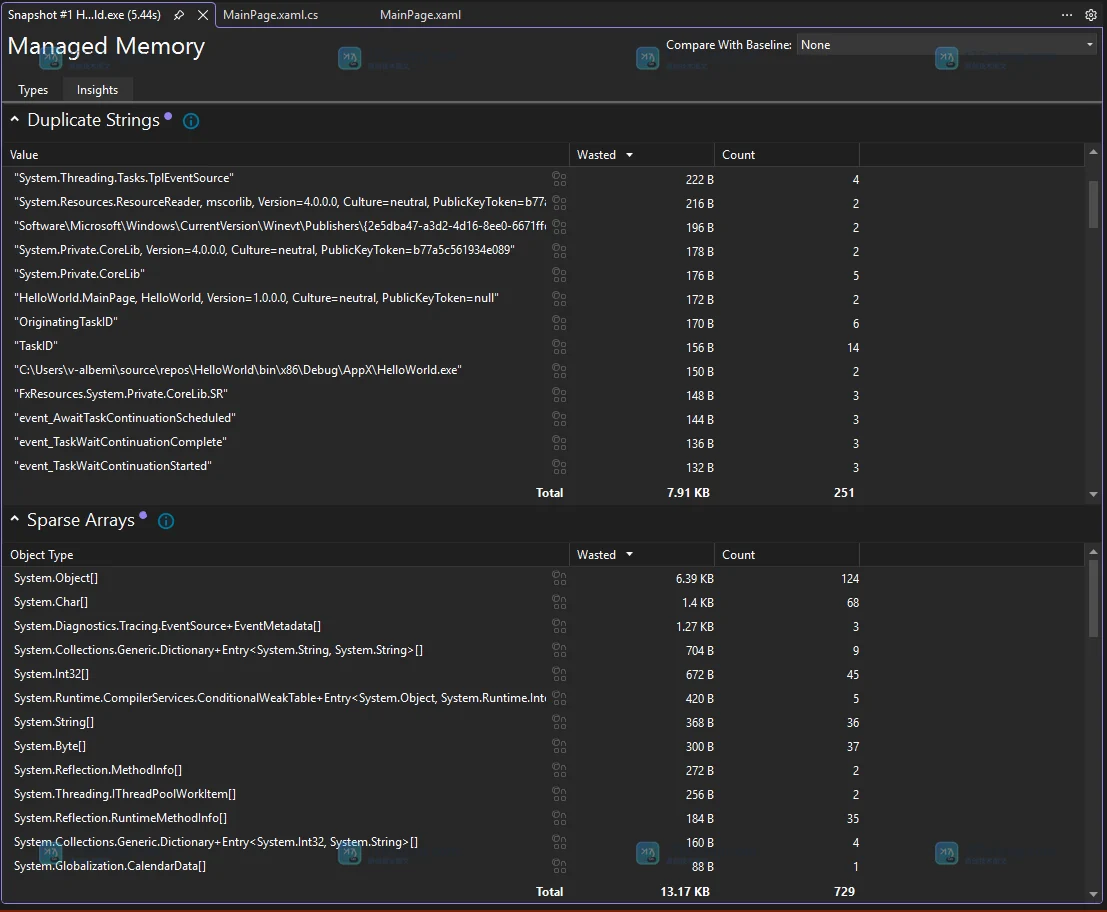 Visual Studio Managed Memory Insights 中 Duplicate Strings 与 Sparse Arrays 结果