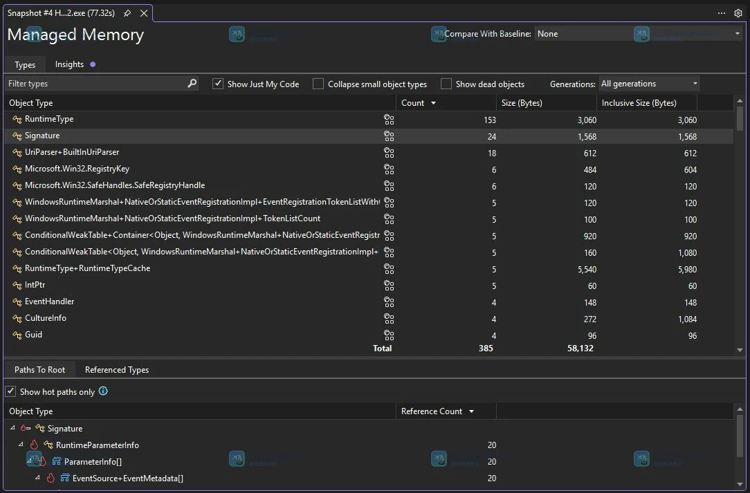 Visual Studio Managed Memory 报告中的类型列表与 Paths to Root 引用链