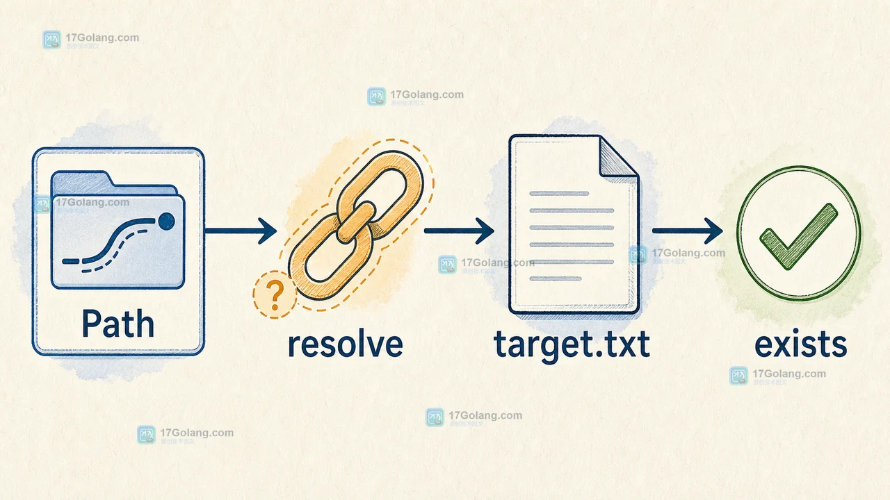 Python pathlib 中 Path 经过 resolve 指向 target.txt,再由 exists 判断文件存在的调用链