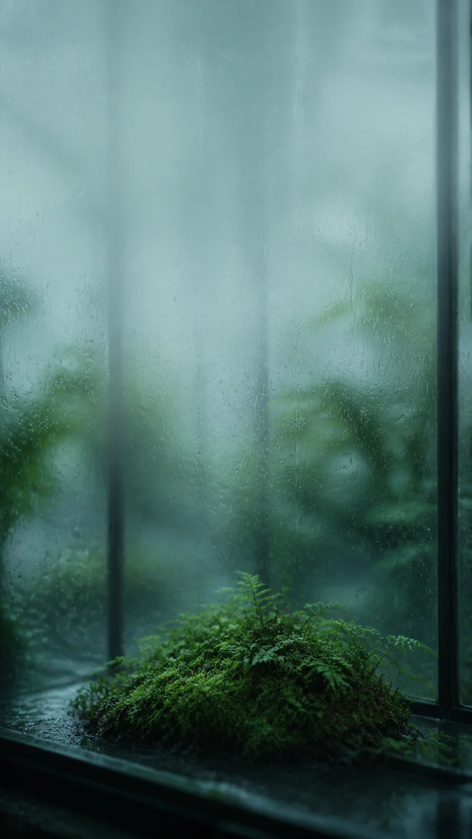 雨后苔藓温室手机竖屏壁纸,冷绿湿玻璃和下方蕨类主体,上方保留锁屏时间留白