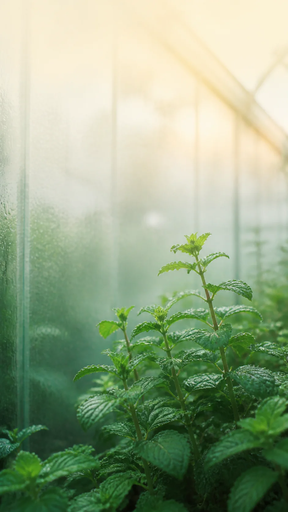 雨后玻璃温室里的薄荷晨光手机壁纸：竖屏留白、冷暖渐变与提示词改法