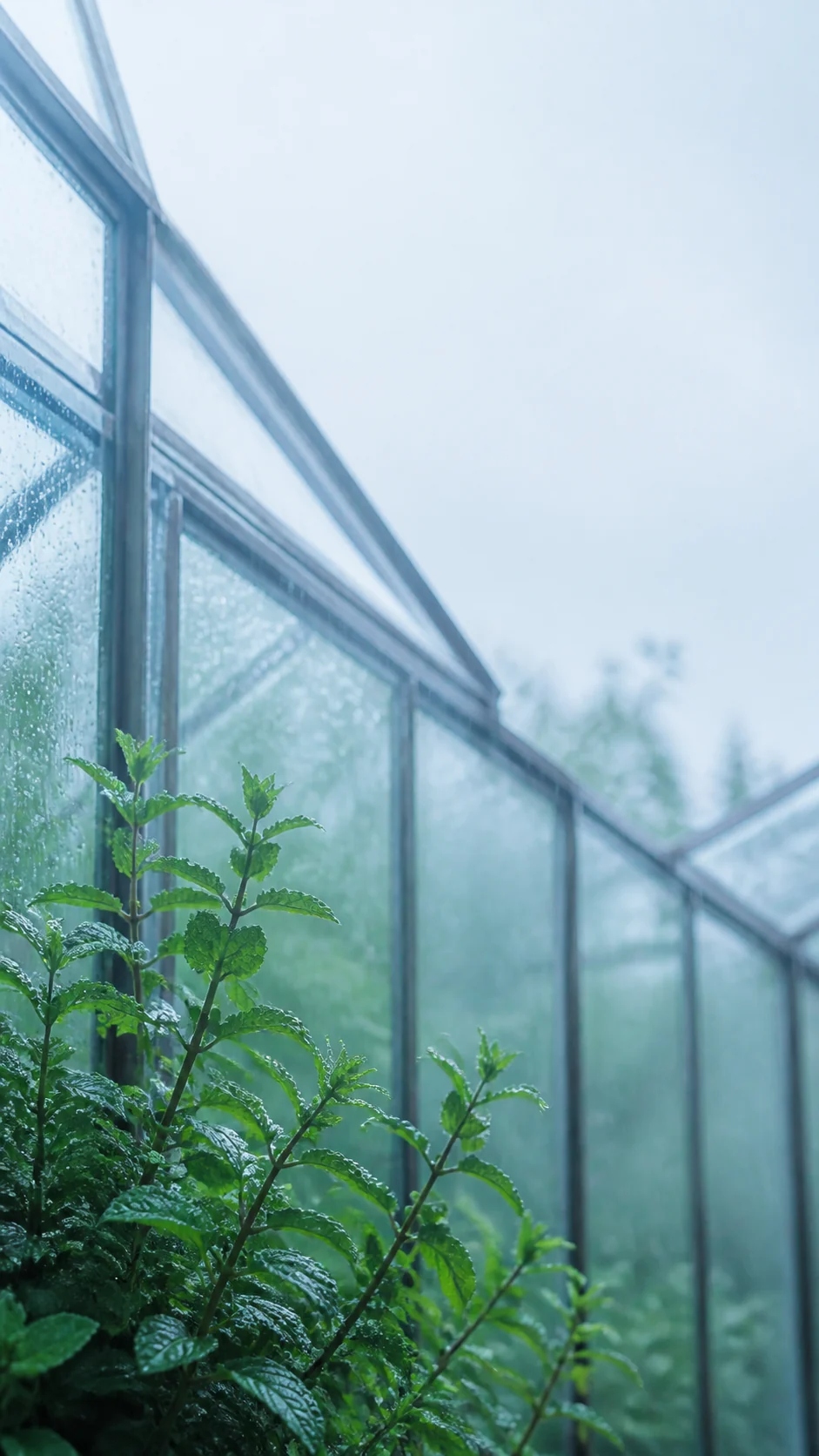 雨后玻璃温室薄荷手机壁纸变体,主体移到左下角并用冷白光拉开竖屏纵深