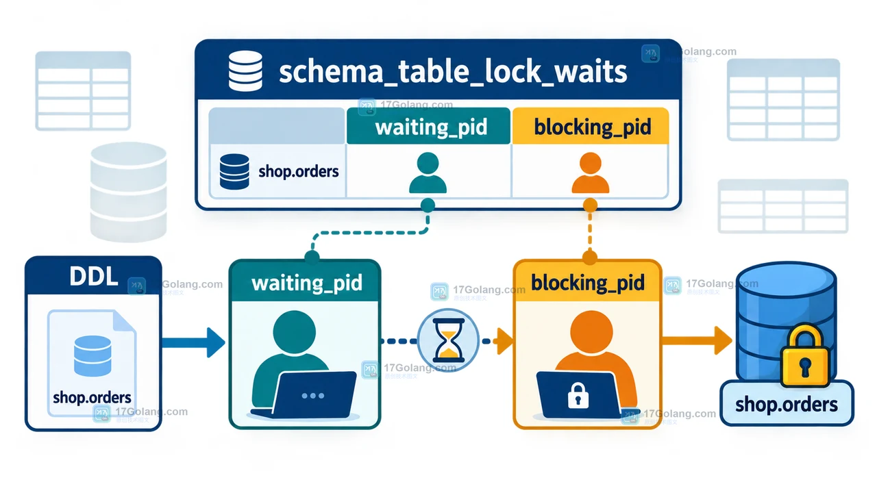 MySQL schema_table_lock_waits 将 waiting_pid、blocking_pid 与订单表对象串成阻塞关系