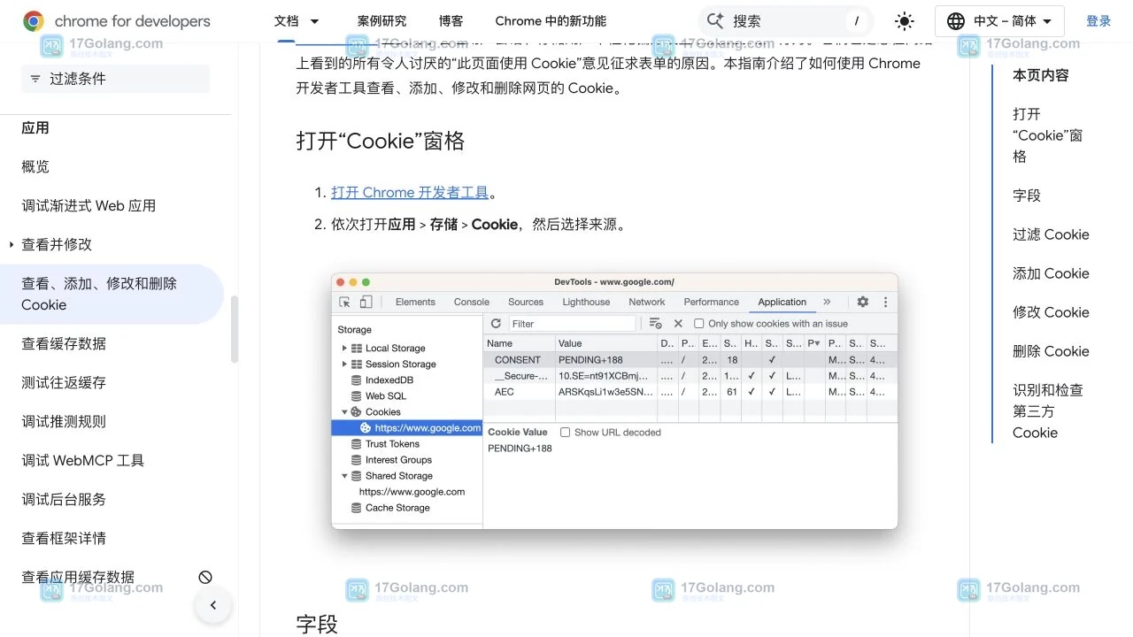 Chrome 官方 DevTools Cookie文档展示名称、网域、路径和安全属性字段
