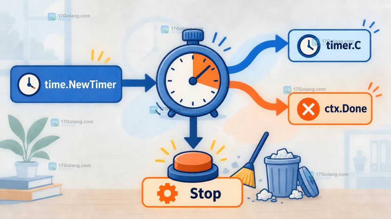 Go 使用 time.NewTimer 后由 timer.C 或 ctx.Done 驱动等待、取消和 Stop 清理