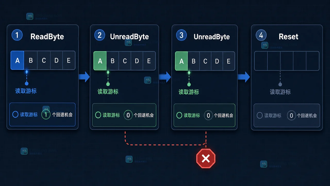 bytes.Buffer 的两次 ReadByte 与 UnreadByte 回退边界以及 Reset 后读取状态变化