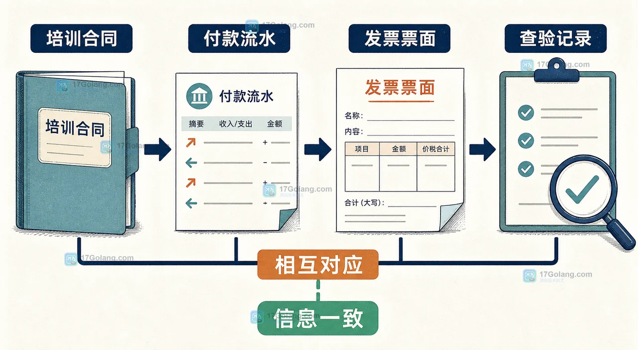 培训费合同、付款流水、发票票面和查验记录相互核对的留证链条