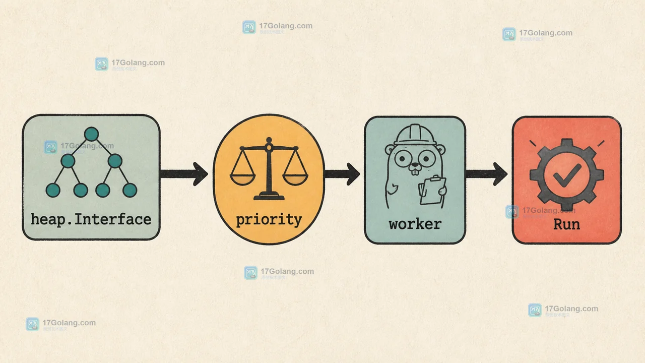 AI 批量推理任务经由 heap.Interface 按 priority 排序,再由 worker 调用 Run 的二维数据路径插画