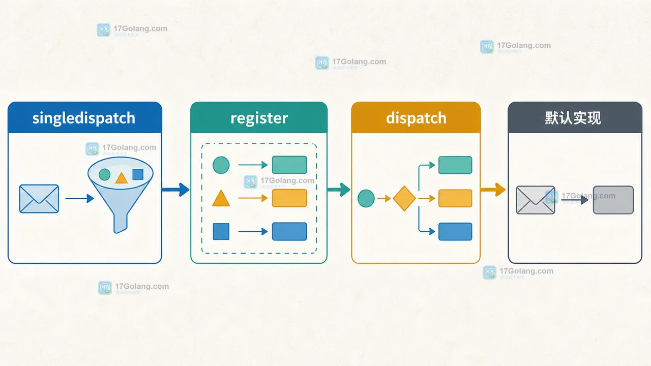 Python singledispatch 中 register 注册实现后由 dispatch 按第一个参数类型选择函数的关系图