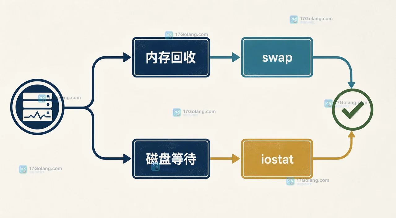 Linux 从内存回收、磁盘等待到 swap 与 iostat 复测的资源预算判断图
