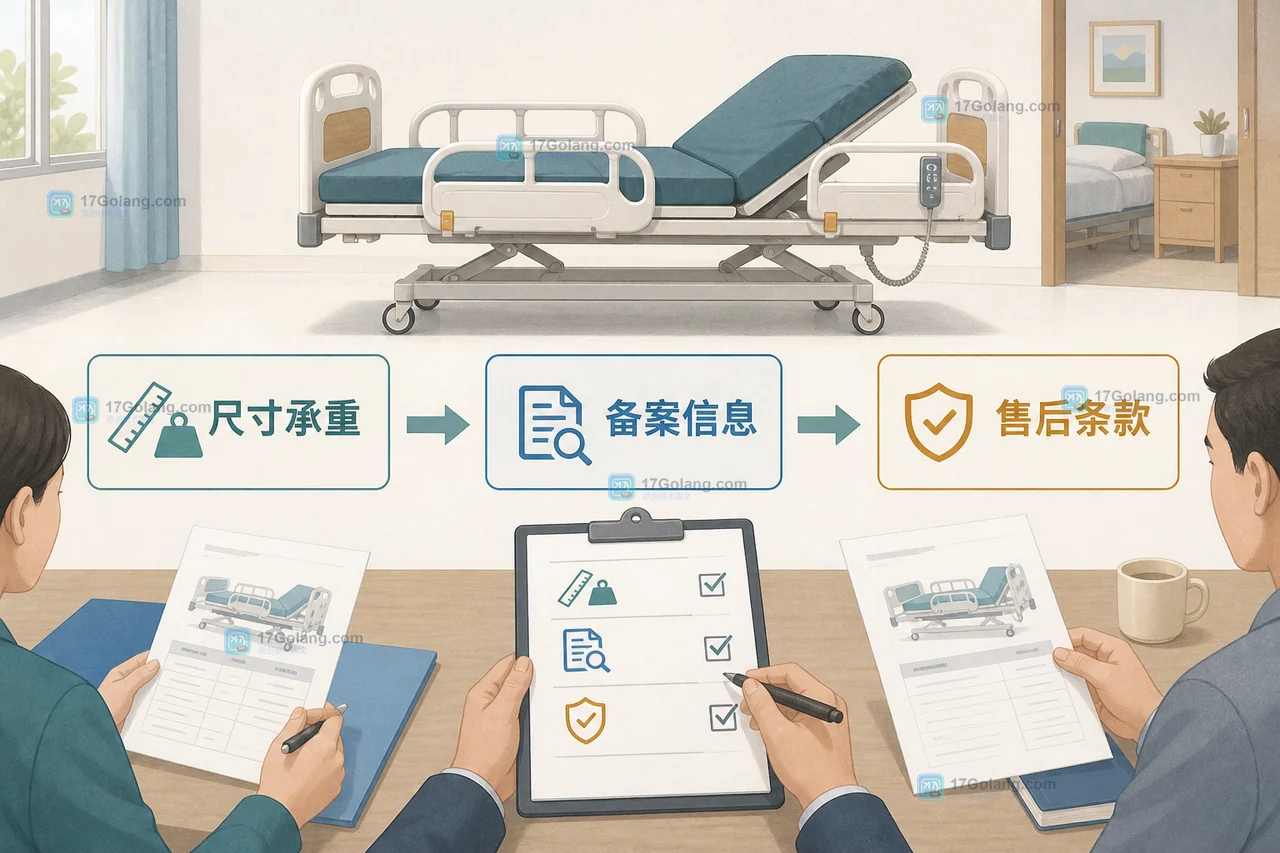 养老机构护理床采购比价,依次核对尺寸承重、备案信息和售后条款的原创示意图