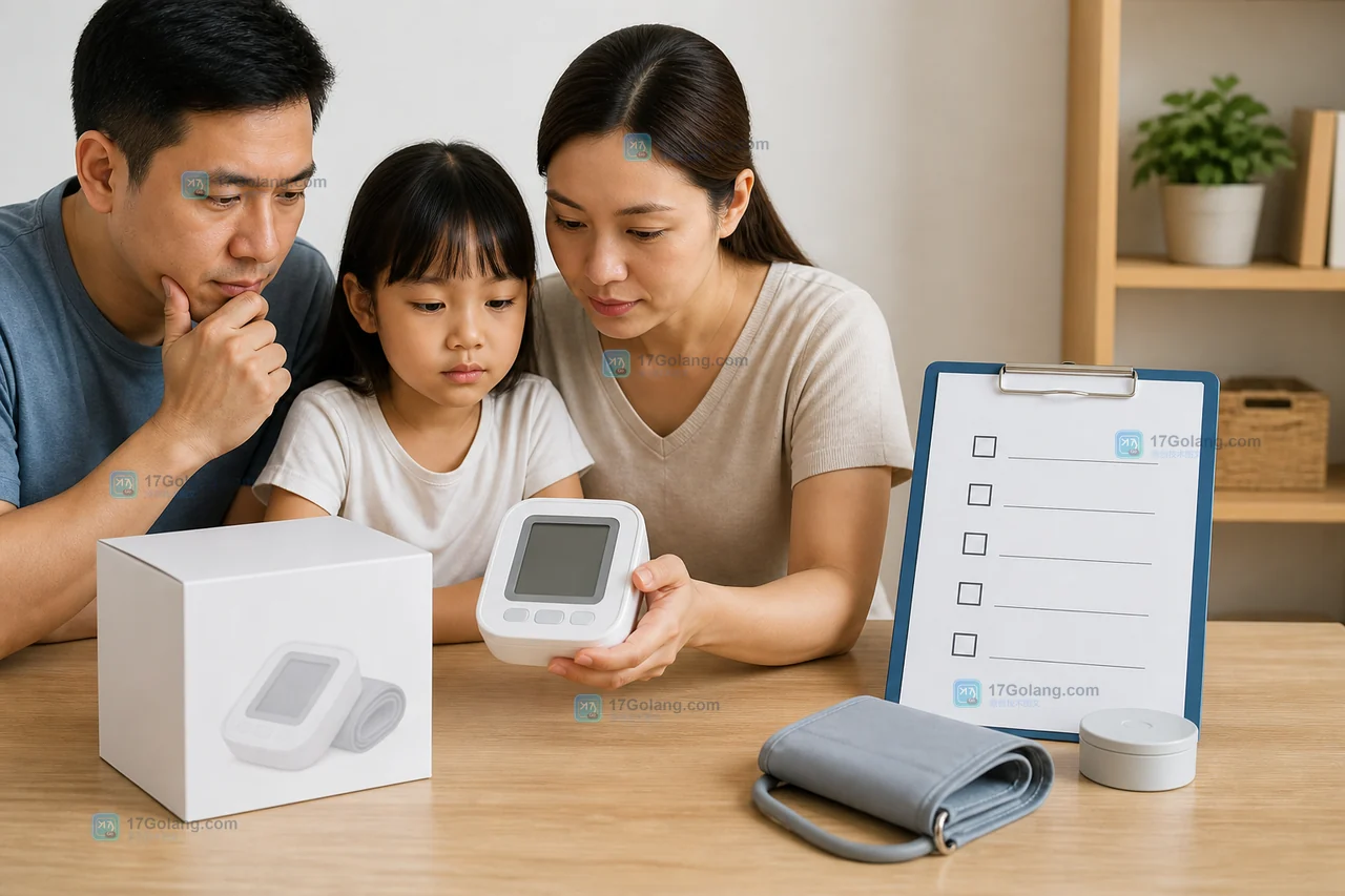 家用电子血压计采购时核对注册信息、袖带和售后服务的实物场景