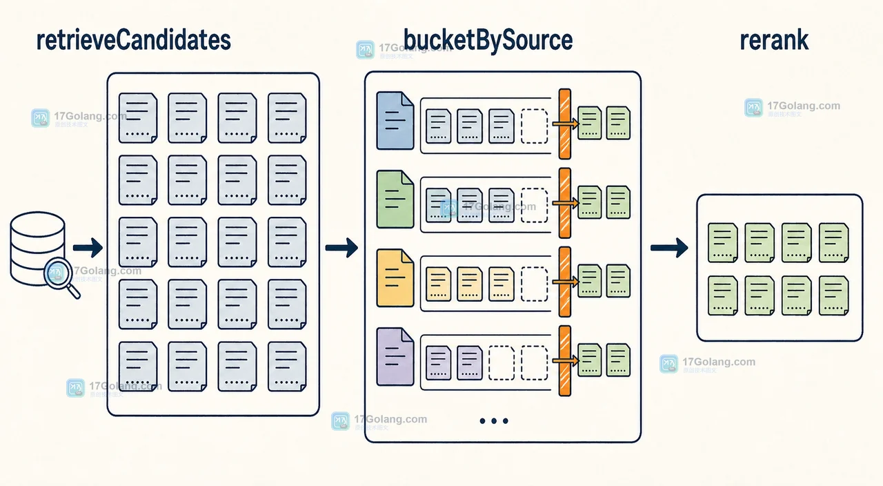 retrieveCandidates 到 bucketBySource 再到 rerank 的 RAG 候选调用链示意图