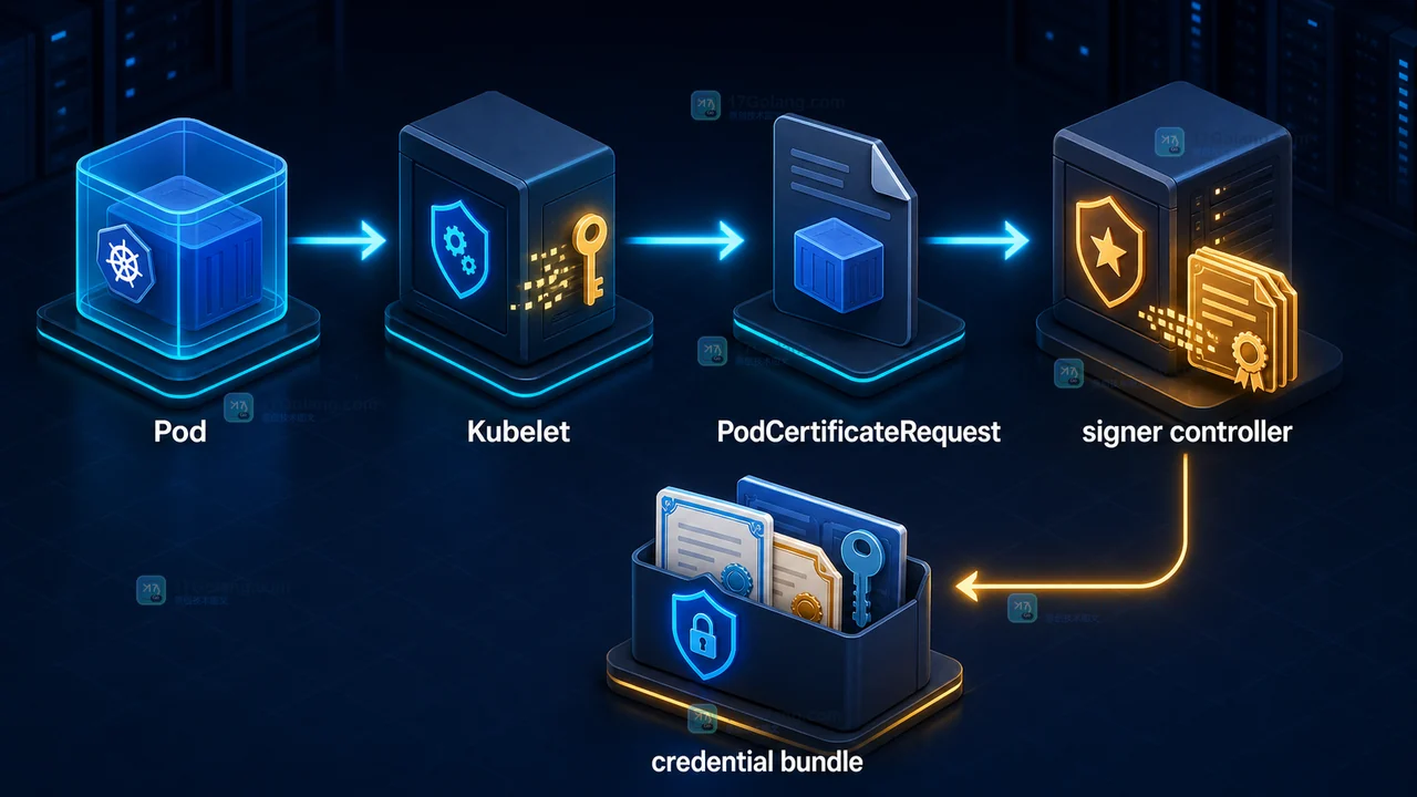 Kubernetes 1.37 Pod Certificates 中 Pod、Kubelet、PodCertificateRequest、signer controller 与 credential bundle 的签发链路