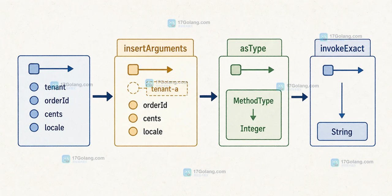 insertArguments 固定 tenant-a 后，asType 将 MethodType 对齐到 Integer，invokeExact 验收订单结果
