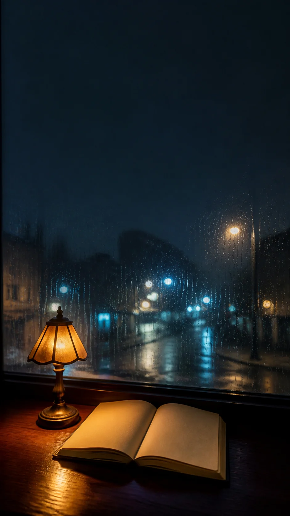 雨夜书店窗边暖灯与蓝色雨痕的竖屏手机锁屏主壁纸