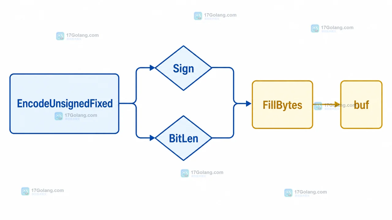 EncodeUnsignedFixed 通过 Sign 和 BitLen 校验后调用 FillBytes 写入 buf 的数据路径