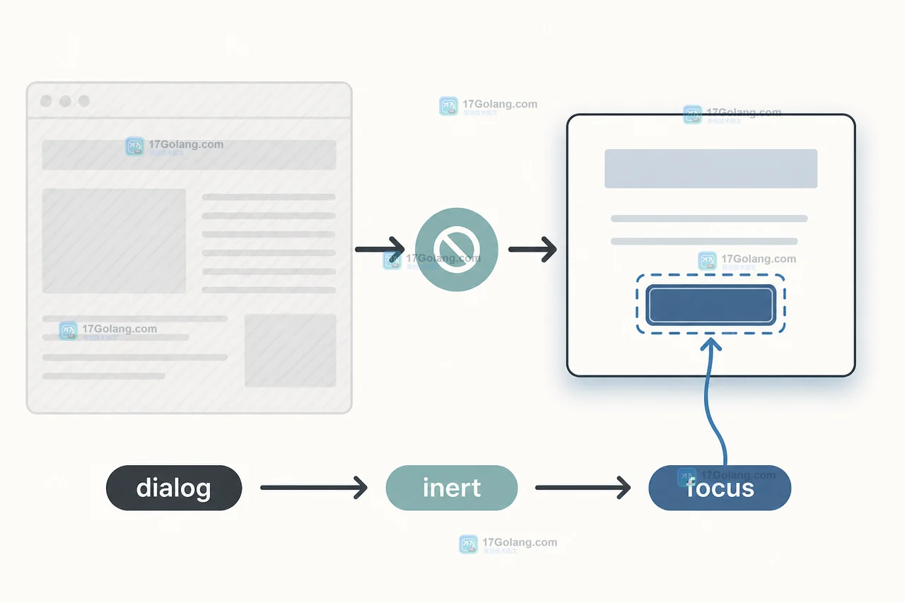 dialog、inert 和 focus 的模态隔离调用链示意图
