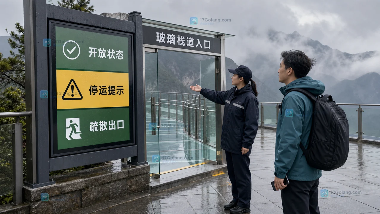 游客在玻璃栈道入口核对景区官方开放公告、天气提示和停运告知