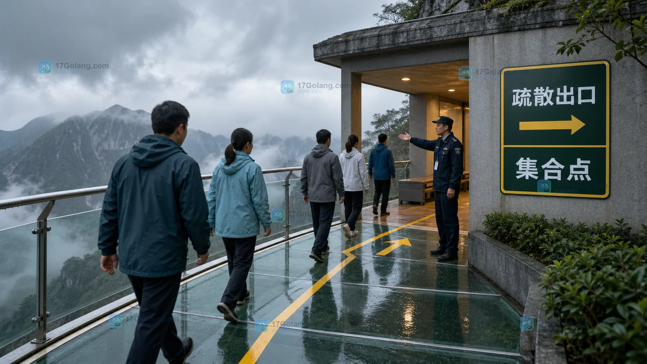玻璃栈道游客沿明确疏散箭头离开高处区域并在安全集合点等待通知