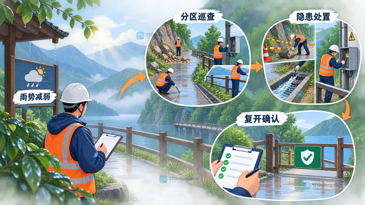 景区雷雨后检查道路积水边坡排水和设施状态再决定复开的安全核验图