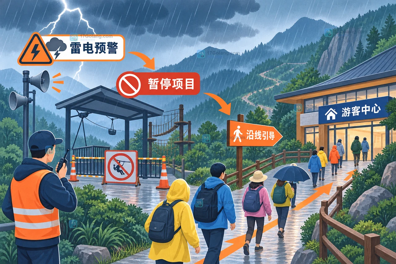 景区雷雨预警后从项目暂停到游客中心避险的现场引导路径示意图