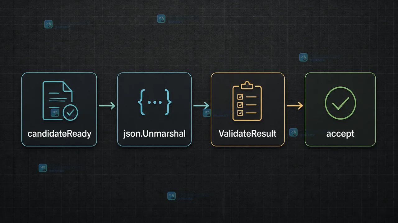 流式 JSON 候选从 candidateReady 进入 json.Unmarshal、ValidateResult 并最终 accept 的验收链路