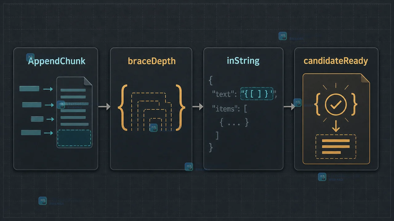 大模型流式 JSON 从 AppendChunk 经过 braceDepth 与 inString 判断 candidateReady 的增量状态链