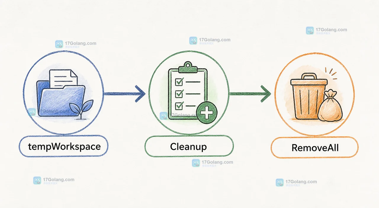 Go testing.TB Cleanup 从资源创建到失败清理的调用链：tempWorkspace、Cleanup、RemoveAll