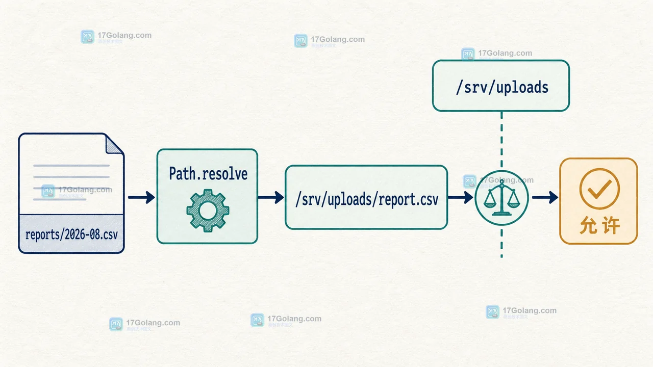 Path.resolve 将 reports/2026-08.csv 解析到 /srv/uploads 下的路径，并与根目录比较