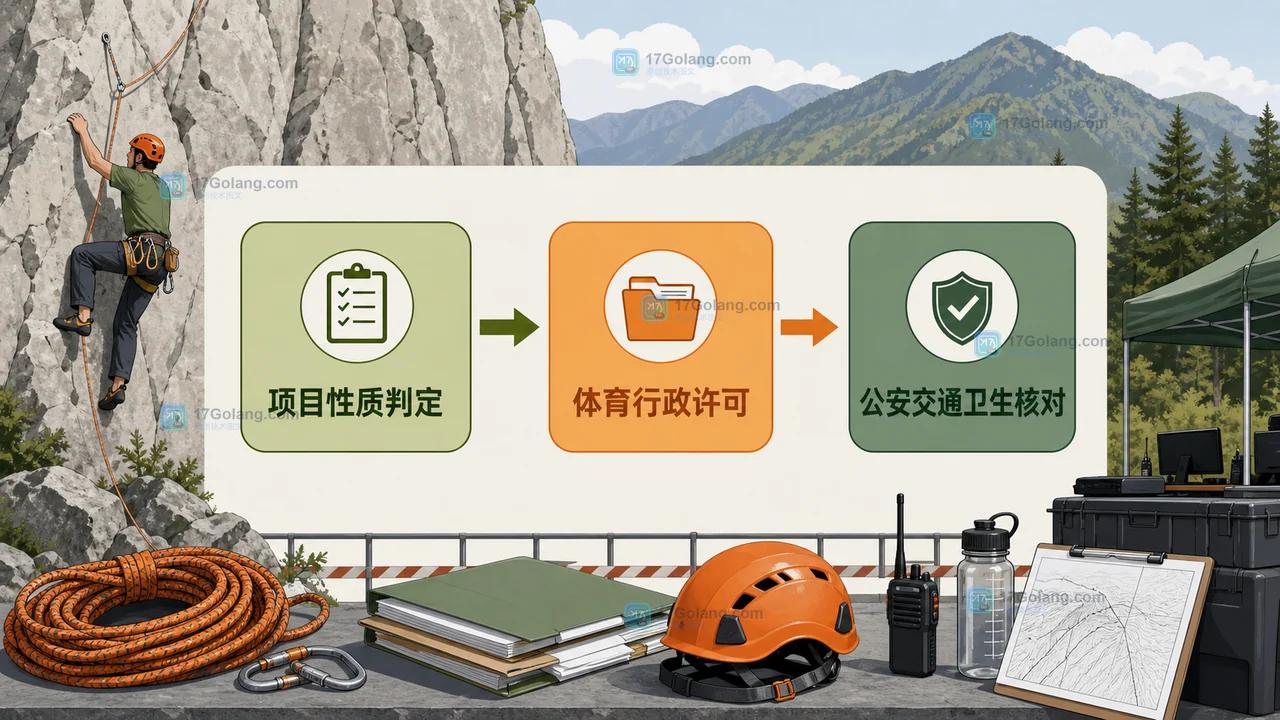 户外攀岩赛事从项目判定进入地方体育许可并联核验的边界示意