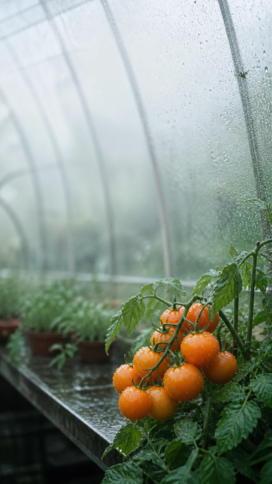 雨后玻璃温室手机壁纸，橙色番茄位于下半部，顶部晨雾留白适合锁屏时间