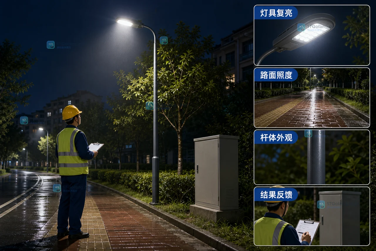 公共照明维修后在夜间检查灯具复亮路面照明杆体外观并反馈结果的插画