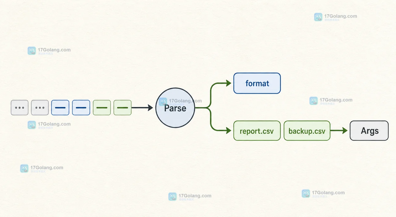 Go FlagSet Parse 将 format 选项与 Args 文件列表分开的参数数据路径图