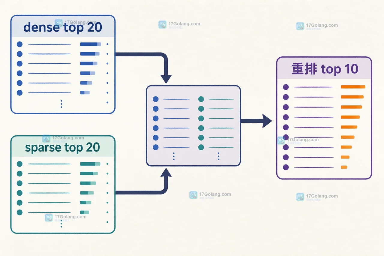RAG dense top 20 与 sparse top 20 合并后进入重排 top 10 的两阶段路径