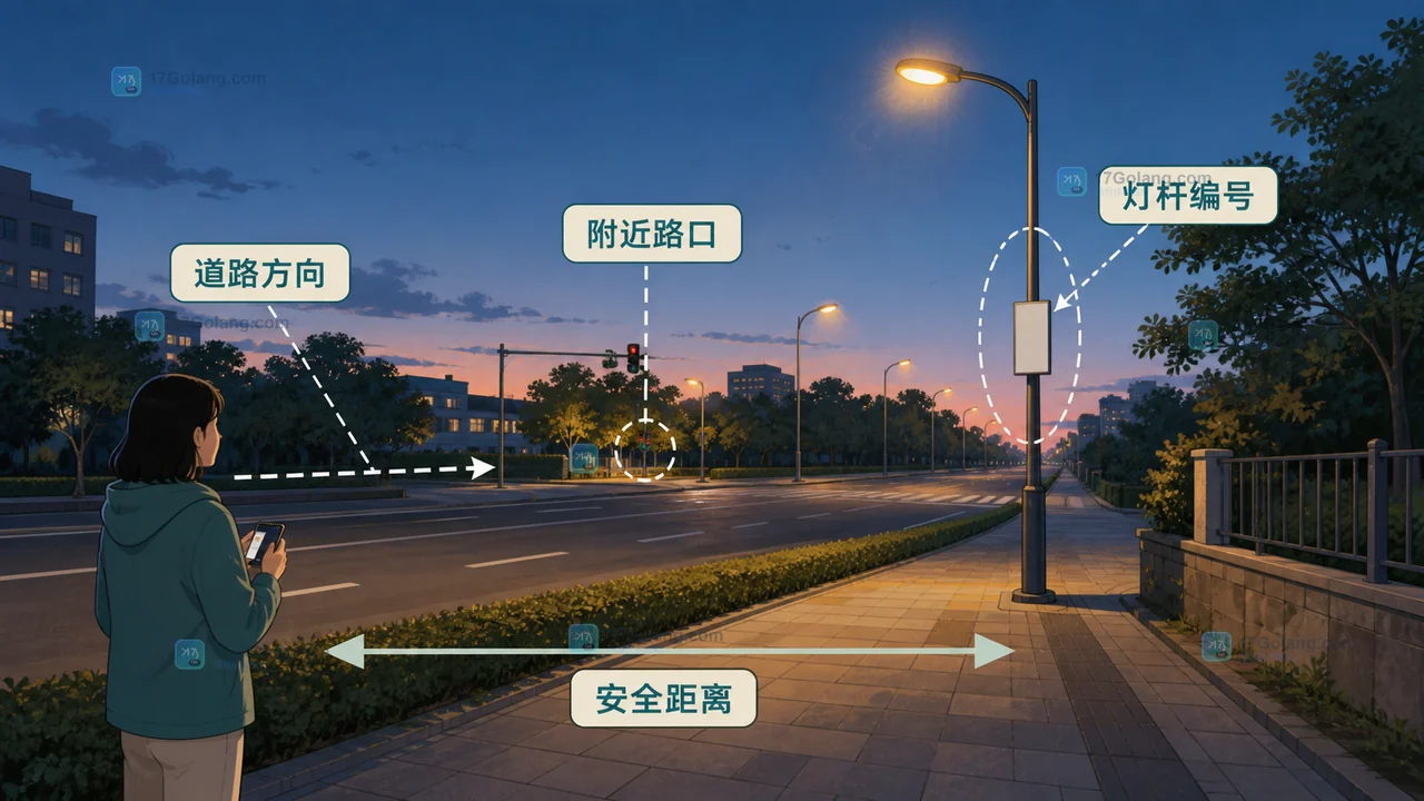 城市道路照明报修定位信息示意：道路方向、路口参照物与灯杆编号