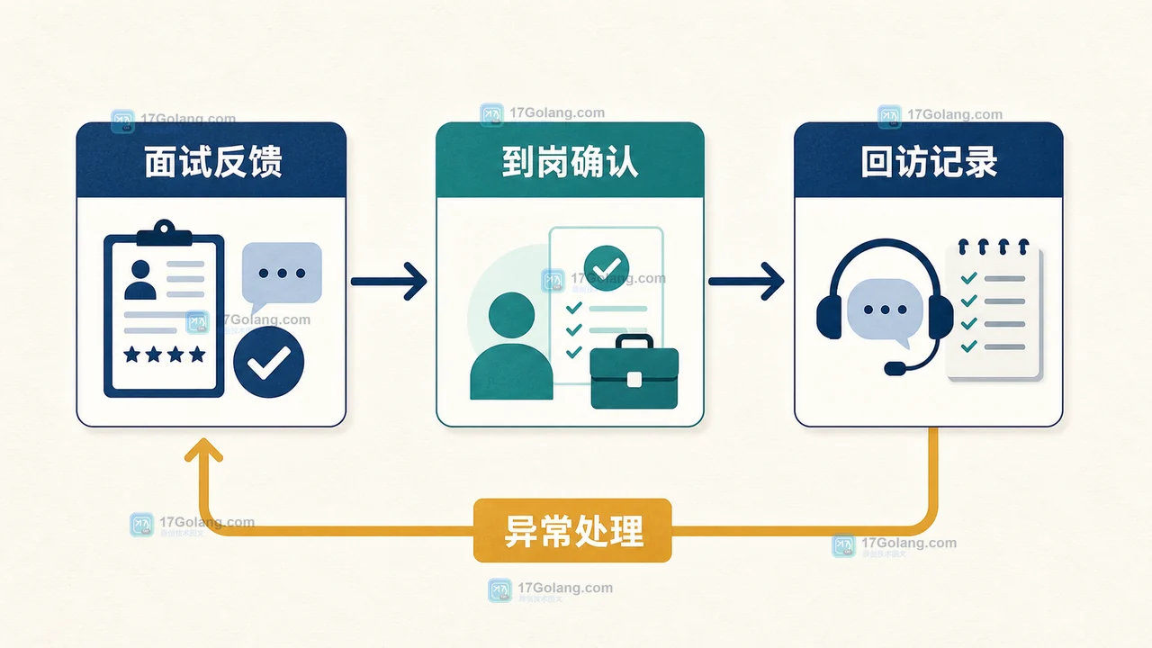 招聘服务交付验收图：面试结果连接到岗确认，再进入试用期回访和异常处理闭环