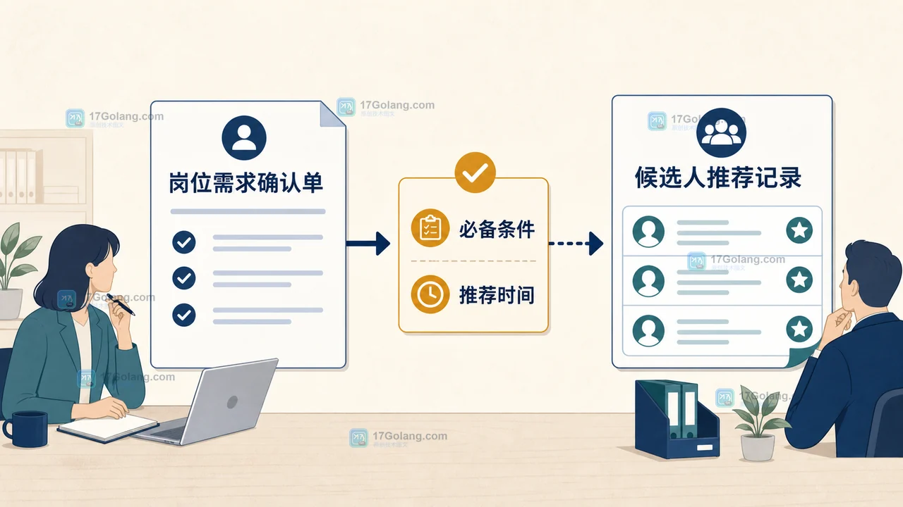 招聘服务交付验收图：岗位需求确认后进入候选人推荐，强调必备条件与推荐记录的对应关系