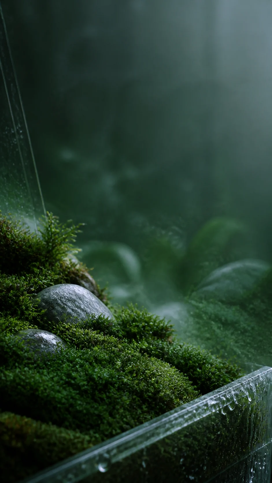 雨后玻璃温室苔藓微景观主壁纸，主体位于中下部并为锁屏顶部保留冷绿留白