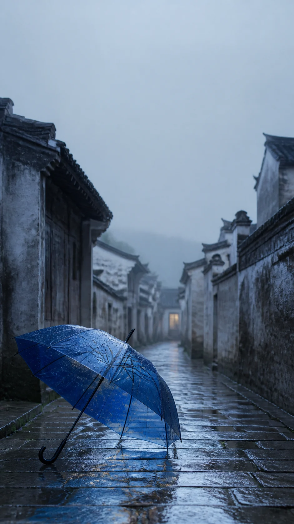 雨后青石巷蓝色雨伞竖屏手机壁纸，顶部留出锁屏时间区
