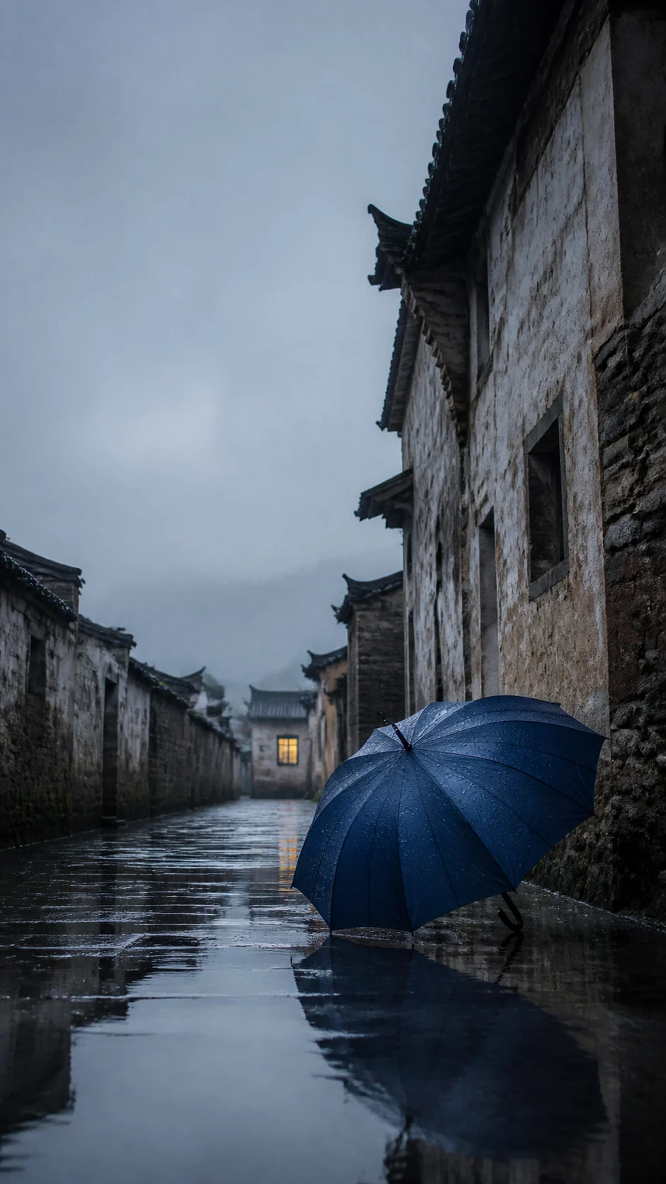雨后青石巷蓝色雨伞手机壁纸变体，主体右下移并扩大前景水洼反光