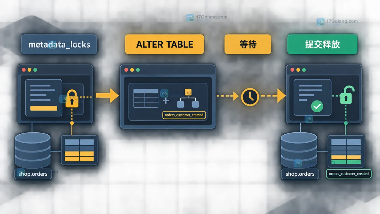 orders 表执行在线新增索引时，metadata_locks 持有者、ALTER TABLE 等待与提交释放的关系