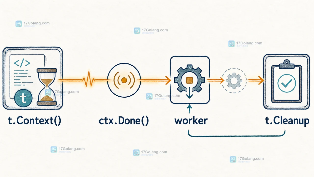 Go testing.T.Context 通过 ctx.Done 通知 worker 停止并进入 Cleanup 的取消路径