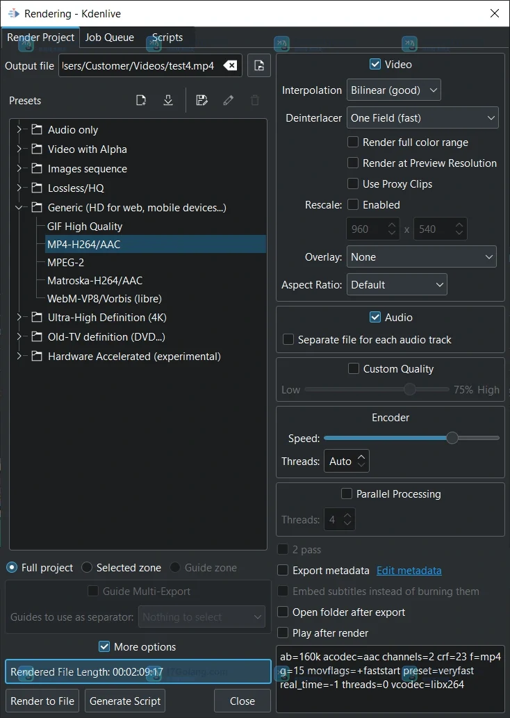 Kdenlive Rendering 页面显示 Output file、Presets 和 Render to File 入口